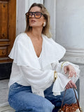 Autumn Texture V Collared Horn Horn Sleeve Shirt Female White Chiffon 68HZ