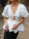 Design V-Neck Bubble Sleeve Temperament Bow Short-Sleeved Hollow Shirt Summer Fashion Commuting Top Woman 68HZ