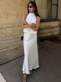 2025 New Imitation Acetic Acid Butt White Sleeveless Hanging Neck Vest Fishtail Skirt Set Summer Fashion 68HZ
