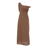 2025 Vintage Spring/Summer Casual Cotton Brown Irregular Collared Short-Sleeved Slimmed Sexy Dress 68HZ