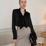 Autumn And Winter Fashion Casual Temperament Soft And Muted Color Butts With Black Long Sleeves Small Collar Classic Ladies Shirt 68HZ