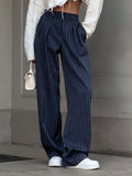 Tibetan Blue Retro Striped Casual Broad-Footed Trousers 2025 New Autumn Fashion Pantyhose Women 68HZ