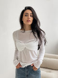 Autumn And Winter Leisure Temperament With A Little Transparent Sexy Knitted Round Collar Long-Sleeved Commuting T-Shirt White 68HZ