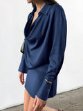 Autumn And Winter Elegant Blue Temperament Soft And Dumb Color Butt Irregular Collar Long Sleeves Short Dress Dress Woman 68HZ