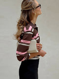 Vintage Striped Knitted Long-Sleeved Polo Shirt Straight Shoulder T-Shirt 2025 Autumn Niche Blouse Woman 68HZ