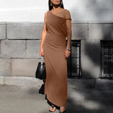 2025 Vintage Spring/Summer Casual Cotton Brown Irregular Collared Short-Sleeved Slimmed Sexy Dress 68HZ