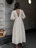 2025 French-Cooked Beige Cotton Foam Sleeve Dress Women's Summer Loose Back Loose V-Neck Shirt Skirt 68HZ