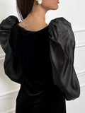 Black Sexy Temperament Collar Bubble Sleeve Knitting Korean Straight-Up Dress Stylish Dress 68HZ