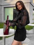 Black Sexy Mesh Collar Bubble Sleeve Lady Shirt 2025 New Autumn Fashion Women's Top 68HZ