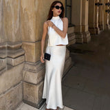 2025 New Imitation Acetic Acid Butt White Sleeveless Hanging Neck Vest Fishtail Skirt Set Summer Fashion 68HZ