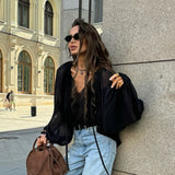 Autumn And Winter Sexy Design Feeling Micro-Permeable Chiffon Black Mystery Loose V-Neck Shoulder Sleeves With Niche Tie Shirt 68HZ