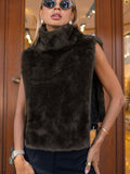 Women's Clothing Autumn And Winter New Solid Color Semi-High Collar Hairy Shoulders Sleeveless Top Dress Vest 68HZ