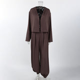 2025 Women's Autumn Solid Color V-Neck Long Sleeve Open-Leg Broad Leg Pants Two Sets Of Fashion Casual Set 68HZ