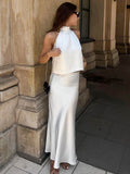 2025 New Imitation Acetic Acid Butt White Sleeveless Hanging Neck Vest Fishtail Skirt Set Summer Fashion 68HZ