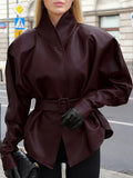 Vintage Wine Red Autumn And Winter Leather Coat Female Senior Feeling Long Sleeves Up Her Belt To Collect Waist Thin Leather Jacket 68HZ