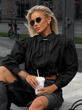 New Street Shooting Black Cotton Blisters Long Sleeves Long-Sleeved Umbilly Tops Women's Commuter Shirt 68HZ