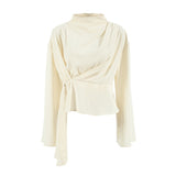 French Small Stand-Up Chiffon Sleeve 100-Fold Open Fork Shirt 2025 Spring New Fashion Top 68HZ