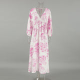 Autumn Fashion Temperament V Collar Lantern Sleeves With Dress Cotton Linen Dress 68HZ