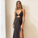 Ins Fashion Sling V-Neck Dress 2025 Hollow Open-Fork Temperament Long Dress Sexy Inside Women's Clothing 68HZ