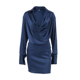 Autumn And Winter Elegant Blue Temperament Soft And Dumb Color Butt Irregular Collar Long Sleeves Short Dress Dress Woman 68HZ