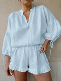 Fashion Cotton Hemp Solid Color Loose V-Neck Lantern Sleeve Shorts Two Sets Of Summer Sexy Tie High-Waisted Suit 68HZ