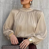 2025 New Blouse Female Summer High-End Pendant Cushioned Shoulder Temperament Elegant Long-Sleeved Simulation Silk Shirt 68HZ
