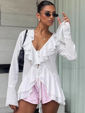 French Chiffon V-Neck Horn Sleeve Leaf Leaf Long-Sleeved Shirt 2025 Spring/Summer Fashion New T-Shirt 68HZ
