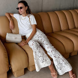 Cotton Lace White Thigh Crepe High-Waist Casual Flared Trousers 2025 New Fashion Trousers 68HZ