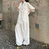 Temperament White Polo Collar Shirt Top Slack Feel Set Women's Summer Fashion Casual Broad-Legged Pants Two-Piece 68HZ