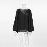 Autumn And Winter Sexy Design Feeling Micro-Permeable Chiffon Black Mystery Loose V-Neck Shoulder Sleeves With Niche Tie Shirt 68HZ