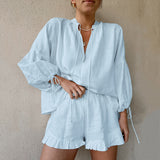 Fashion Cotton Hemp Solid Color Loose V-Neck Lantern Sleeve Shorts Two Sets Of Summer Sexy Tie High-Waisted Suit 68HZ