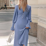 Fashion Design Sense V-Neck Dress 2025 Autumn Simple A-Dress Women's French Chiffon Mid-Long Dress 68HZ