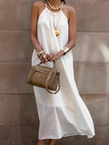 White Sexy Temperament Loose Holiday Wind Hanging Neck Dress 2025 Summer Fashion New Long Dress 68HZ