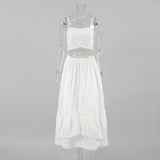 2025 Spring And Summer Sexy Design White Cotton Sling Square Collar Short Top Mid-Rise Open Skirt Two-Piece 68HZ