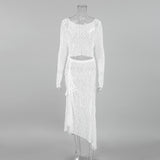 Spring And Summer Fashion Sexy Temperament Perspective Lace Long-Sleeved Collar Blouse Low-Waisted Half-Dress Two-Piece Woman 68HZ