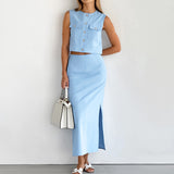 Summer Fashion Round Collar Sexy Sleeveless Vest Mid-Rise Open Skirt Two Sets Of Solid Cotton Women's Clothing 68HZ