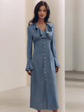French Imitation Acetate V-Necked Horn Sleeve High-Waisted Lotus Leafy Dress 2025 Autumn Fashion New 68HZ