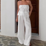 2025 Summer Holiday Style New White Tset Cotton Vest Trousers Set Fashion Two-Piece Set 68HZ