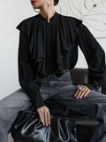 Court Style French Lotus Side Collar Single Row Buckle Long-Sleeved Shirt Women's Dress French Lantern Sleeve Loose Solid Color Top 68HZ