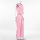 Summer Simple Fashion Casual Sleeveless Vest V-Neck Solid Color Loose Broad-Footed Trousers Two-Set Commuting Suit 68HZ