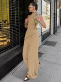 2025 Spring And Summer Design Sense Green Sleeveless Neck Vest Broad Foot Pants Two Sets Of Fashion Set Commuting Woman 68HZ