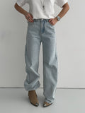 Vintage Water Wash Light Blue Straight Jeans Women Lazy Broad Leg Hole Design Drag Trousers Spring 68HZ