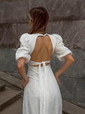 2025 New Women's French Cotton-Dense V. Collar Bubble Sleeve Strap Bow Dress High Sense 68HZ