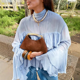 Blue High-Collar Temperament Horn Sleeves Of The Lady's Shirt 2025 Spring And Summer Fashion New Top 68HZ