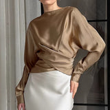 Autumn 2025 New Women's Color-Buttoned Denswear Simulation Silk Elegant Long-Sleeved Top Irregular Wrinkled Shirt 68HZ