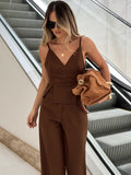 Brown Sleeveless Sling V-Neck Fork Vest Trousers Set 2025 Spring And Summer Fashion New Two-Piece Women 68HZ