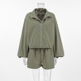 Vintage Wind Green Windy Windwear Autumn Free Small Standing Collar Long Sleeve With Open Shorts Casual Set 68HZ