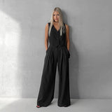 Summer Simple Fashion Casual Sleeveless Vest V-Neck Solid Color Loose Broad-Footed Trousers Two-Set Commuting Suit 68HZ