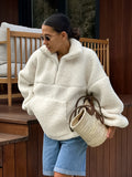 Autumn And Winter Personality Fashion Beige Knitted Leisure Lamb Velvet Small Standing Lantern Sleeves Plush Loose Jersey Woman 68HZ