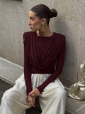 Folded Waist Swing Long-Sleeved T-Shirt Women's Senior Sense 2025 Autumn And Winter Beauty Bottom Top 68HZ